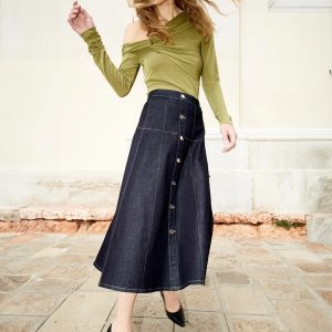 Drop Waist Denim A-Line Midi Skirt