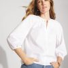 Three-Quarter Sleeve Poplin Blouse with Faux Pearl Pin