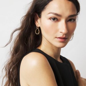 Silver + Gold Sculptural Drop Hoop Earrings