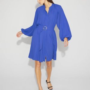 Long-Sleeve Pleated Belted Dress