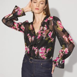 Sheer Metallic Clip Ruffle Blouse