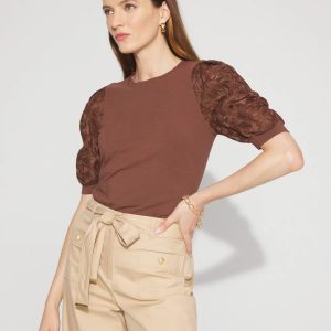 Lace Puff Sleeve Crewneck Tee