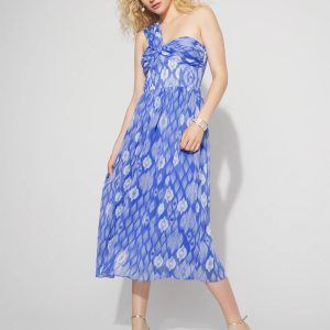 One-Shoulder Ikat Print Midi Dress