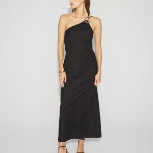 Linen-Blend One-Shoulder Column Dress