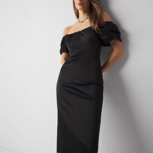 Petite Off-The-Shoulder Satin Midi Dress