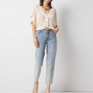 High-Rise Raw Hem Pintuck Straight Jean with Slit
