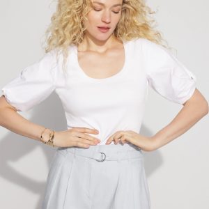 Ribbed Poplin Twist Sleeve Tee