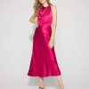 High-Neck Satin Midi Dress
