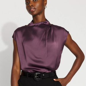 Petite Satin Draped Sleeveless Blouse