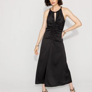 Petite Satin Halter Ruched Midi Dress
