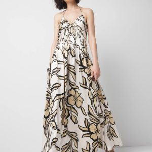Satin Floral Halter Maxi Dress