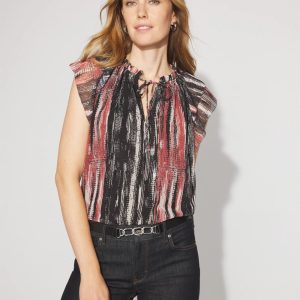 Metallic Flutter Sleeve Tie-Neck Shell